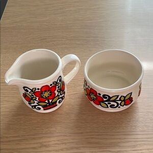 Retro 1970s White Ceramic Creamer and Sugar Set with Red Floral Pattern